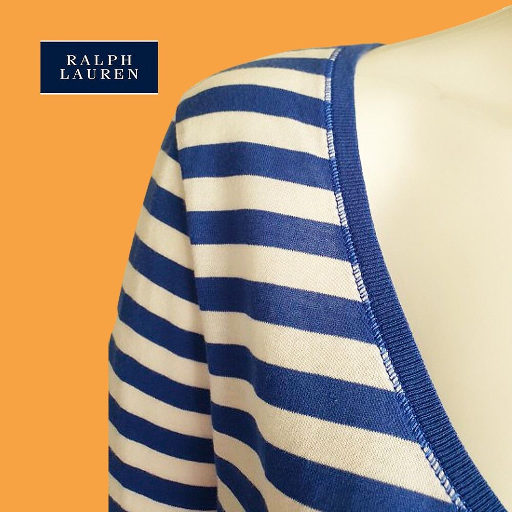 RALPH LAUREN Blue Label Striped Lime Pony V-Neck Long-Sleeve T-Shirt L - Picture 4 of 12